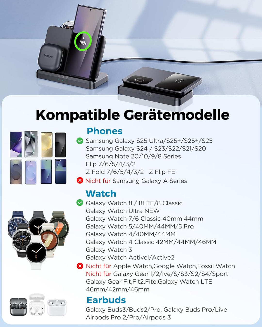 EGV Induktive Ladestation für Samsung – 3-in-1 Wireless Charger kompatibel mit Galaxy S26 Ultra/S25/