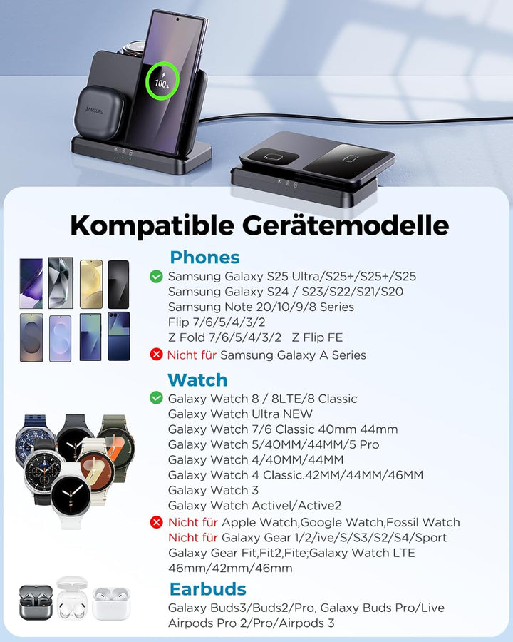 EGV Induktive Ladestation für Samsung – 3-in-1 Wireless Charger kompatibel mit Galaxy S26 Ultra/S25/