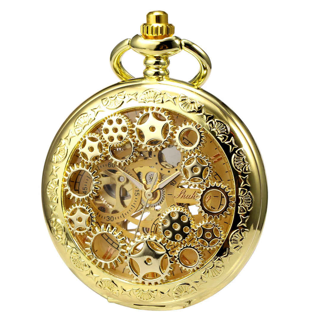 TREEWETO Unisex Taschenuhr mit Kette Analog Handaufzug Antik Zahnrad verziert Römische Gold