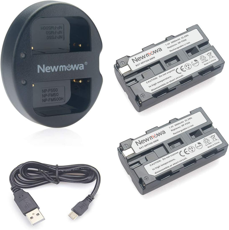 Newmowa Ersatz Akku NP-F550 (2er Pack) und Tragbar Micro USB Ladegerät Kit für Sony NP-F530 NP-F550