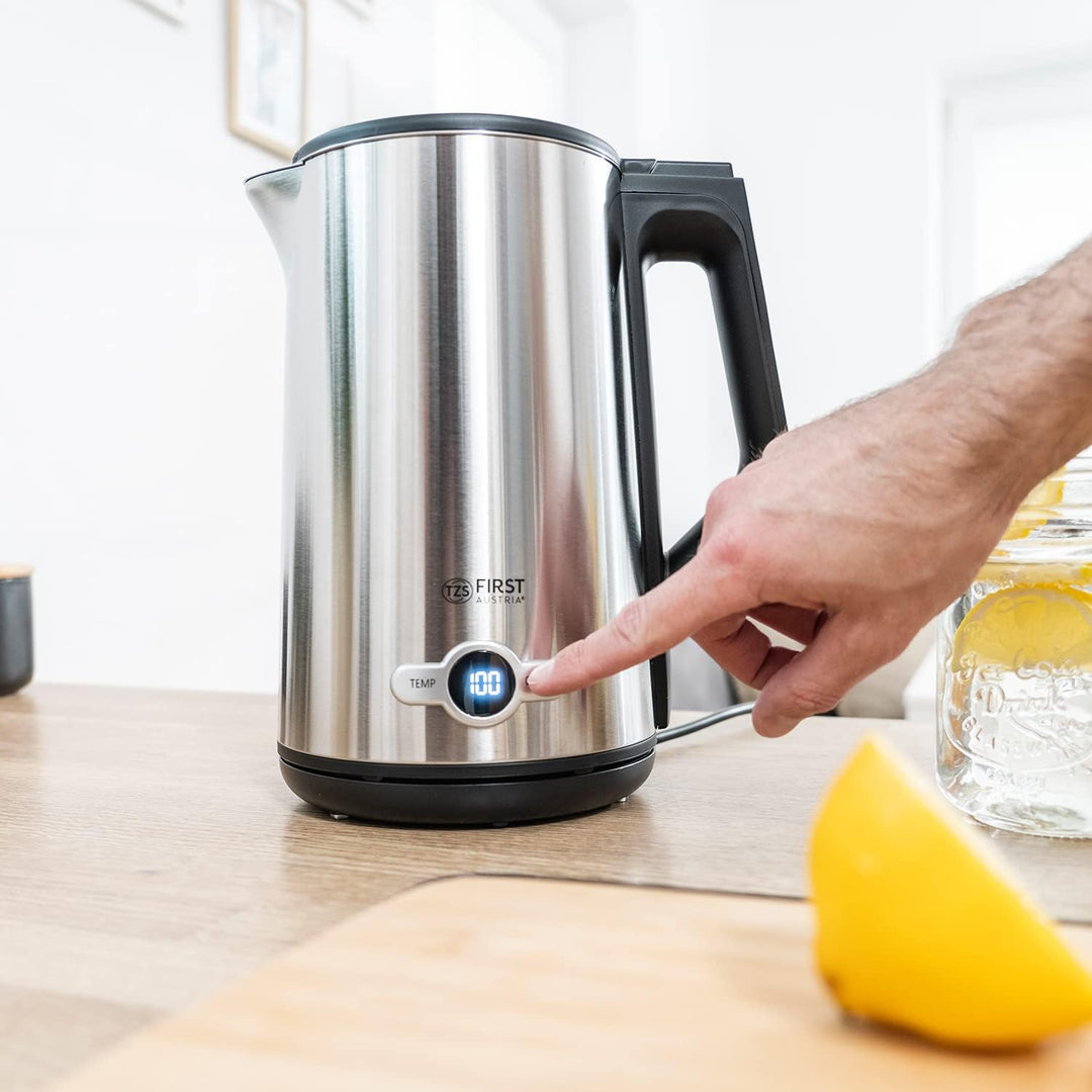 TZS First Austria Edelstahl Wasserkocher 2200W, 1,7 L, Temperatureinstellung 60-100 Grad, Warmhaltef