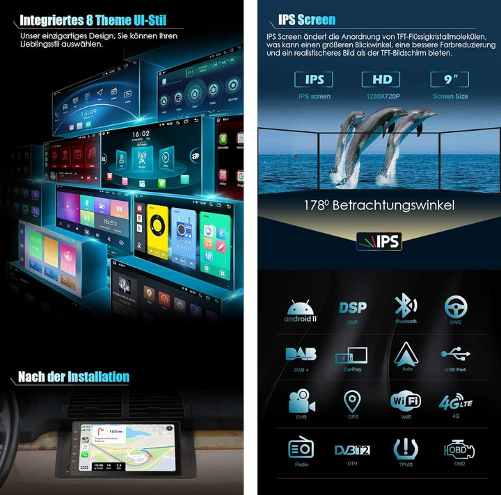 Erisin 9 Zoll Android 11.0 Autoradio mit Navi GPS Für BMW 5er E39 X5 E53 M5 Integriertes Wireless Ca
