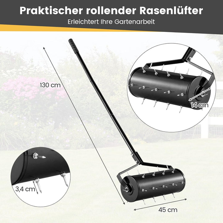 GOPLUS Rasenbelüfter, Handvertikutierer mit Stiel & 3,4cm Nägeln, rollender Aerifizierer, manueller