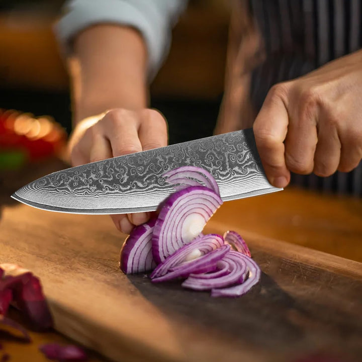MOSFiATA Damastmesser Set 3PCS, Küchenmesserset aus VG10 Stahl - Inklusive 8" Kochmesser, 7" Santoku
