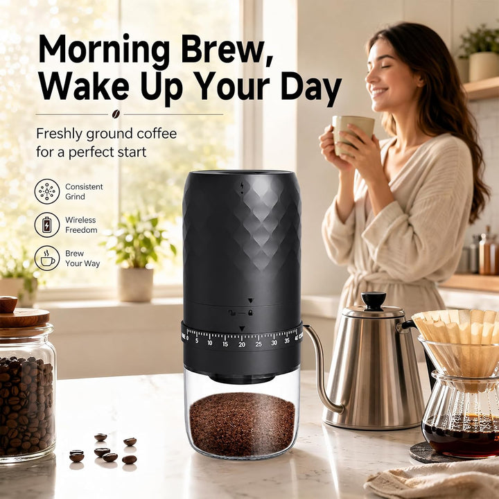 Kaffeemühle Elektrisch, tragbar mit Kegelmahlwerk und 5 einstellbaren Mahlgraden, USB Schnellladung