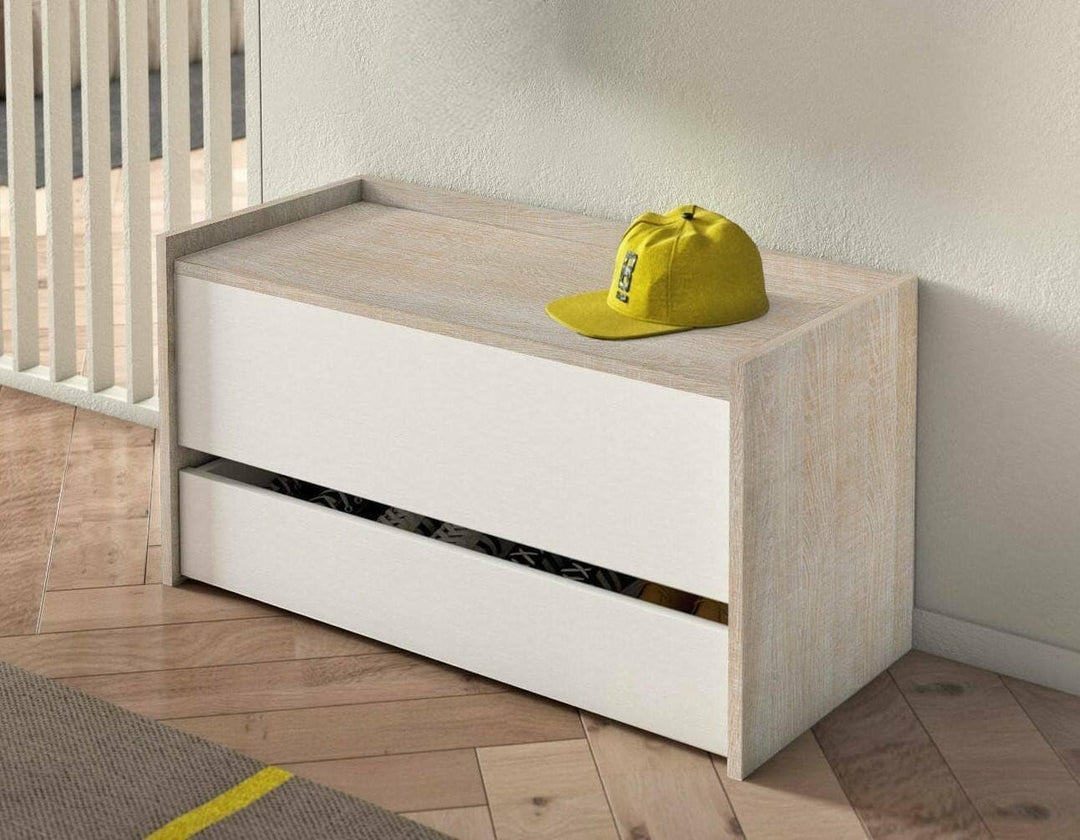 Dmora - Truhenbank Lantana, Moderne Eingangsmöbel mit Schuhregal, Koffertruhe mit zwei Behältern, 10
