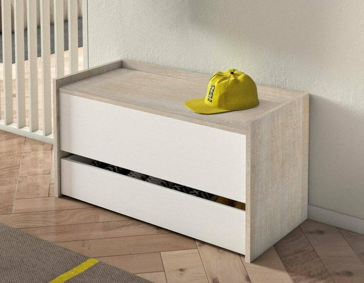 Dmora - Truhenbank Lantana, Moderne Eingangsmöbel mit Schuhregal, Koffertruhe mit zwei Behältern, 10
