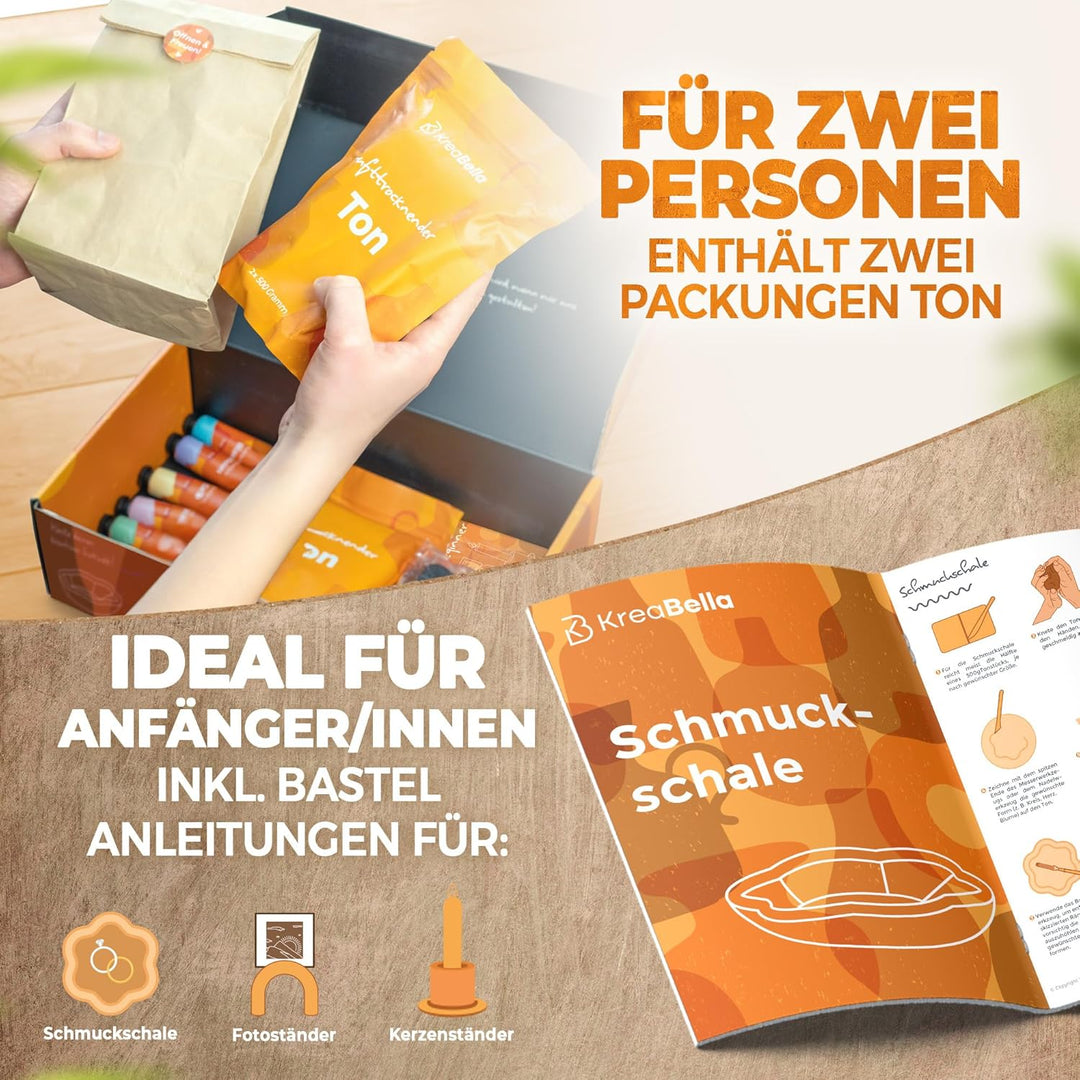 KreaBella Töpferset - DIY töpfern für Zuhause, Lufttrocknender Ton zum basteln, selbsttrocknender To