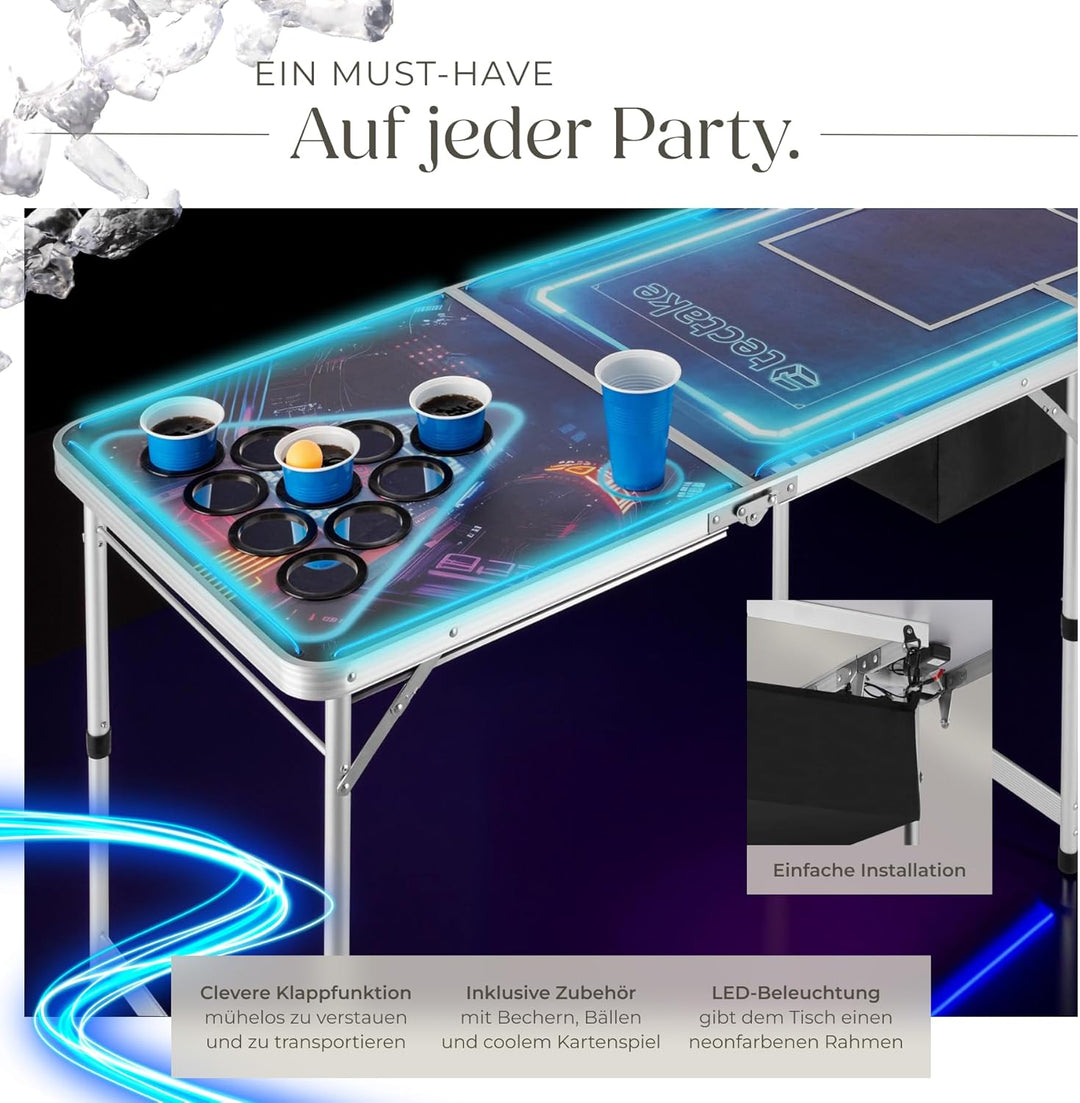 tectake® Bierpong Tisch mit Eiskühler und mit Party Deko LED Beleuchtung, Tisch höhenverstellbar, Kl