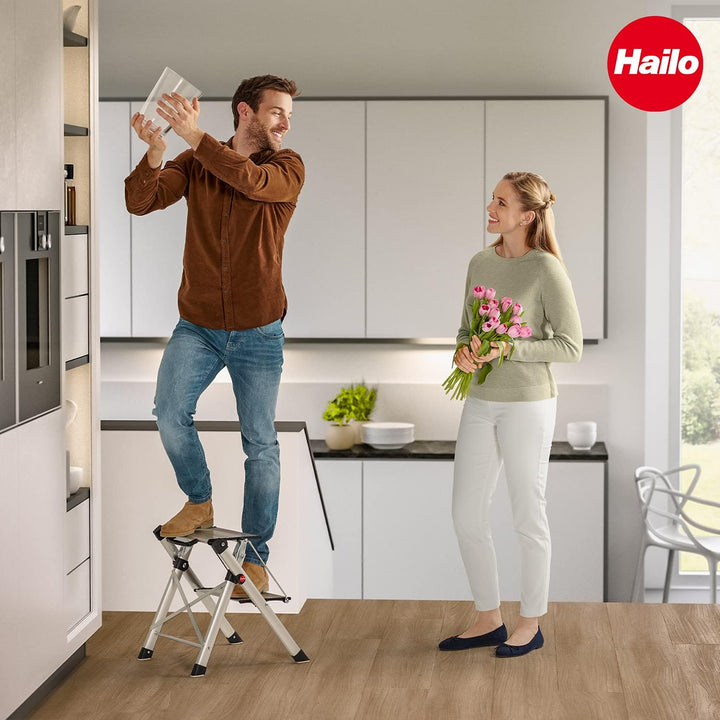 Hailo MK80 ComfortLine Alu-Klapptritt-Leiter - 2 grosse Stufen bis 150 kg - Komfort-Trittleiter mit