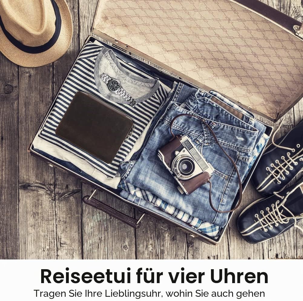 Hiram Multifunktionales Uhrenetui für 4 Uhren, tragbar, echtes Leder, Uhren-Organizer-Box für Damen