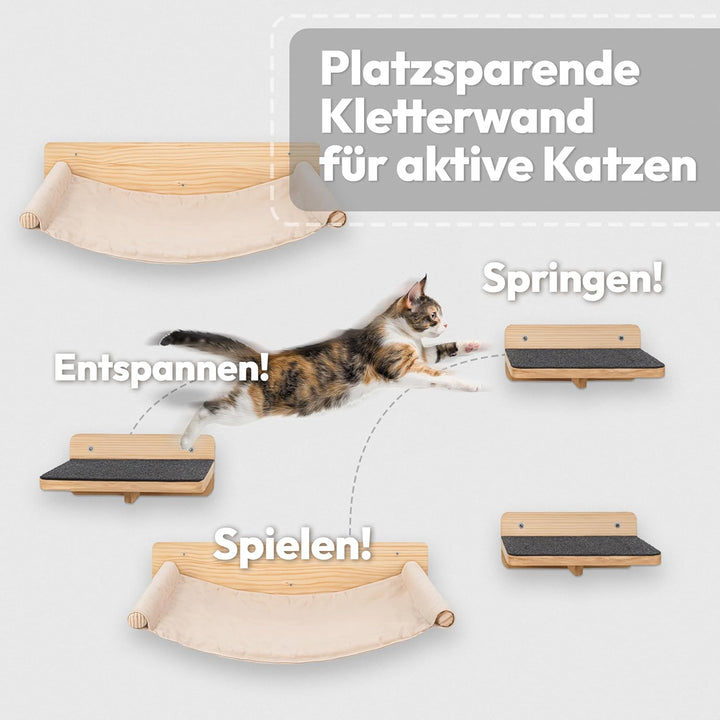 Katzen Wand-Hängematten Set – 2 Hängematten & 3 Plattformen aus Massivholz & Sisal Modularer Katzen