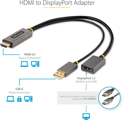 StarTech 30 cm HDMI auf DisplayPort Adapter/Kabel, Aktiver 4K 60Hz HDMI 2.0 auf DP 1.2 Konverter, HD