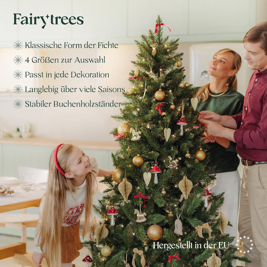 FairyTrees Weihnachtsbaum künstlich 150cm FICHTE Natur mit Christbaum Holzständer | Tannenbaum künst