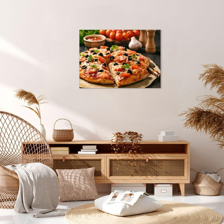 Bilder auf Leinwand Pizza Käse Tomaten Leinwandbild mit Rahmen 70x50cm Wandbilder Dekoration Wohnzim