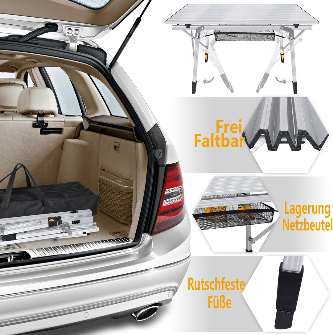 Alu Campingtisch Faltbar Höhenverstellbar Klapptisch 90 x 52 cm Falttisch mit Netzbeutel und Trageta