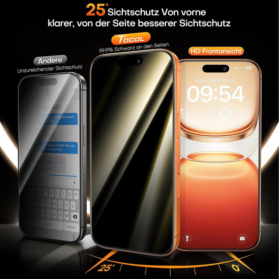 TOCOL für iPhone 16 Pro Max für Panzerglas Sichtschutz, Stossfest Full Screen Auto-Installation 0 Bl