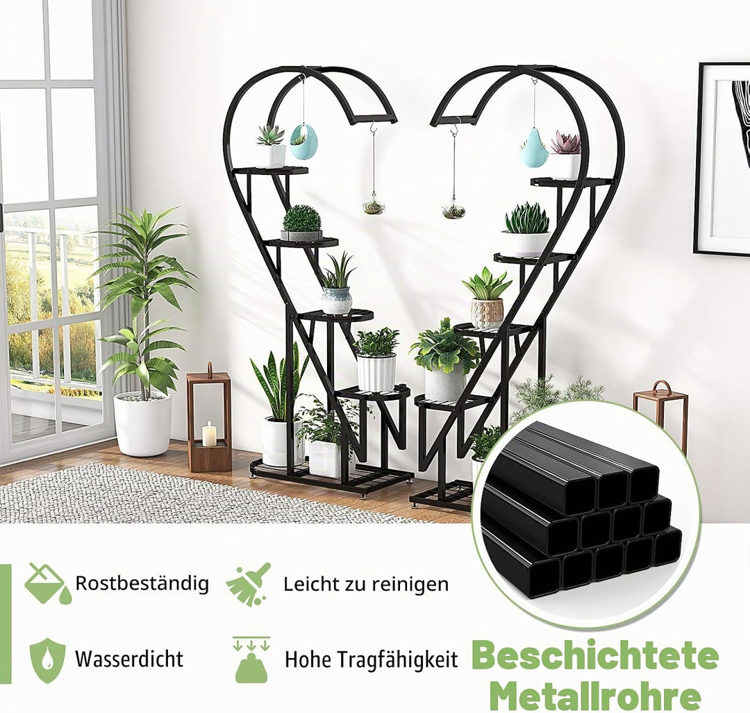 HOMASIS 5 Etagen Metall Pflanzenständer herzförmig, mehrstöckig Blumenständer mit Haken, Blumentopfs