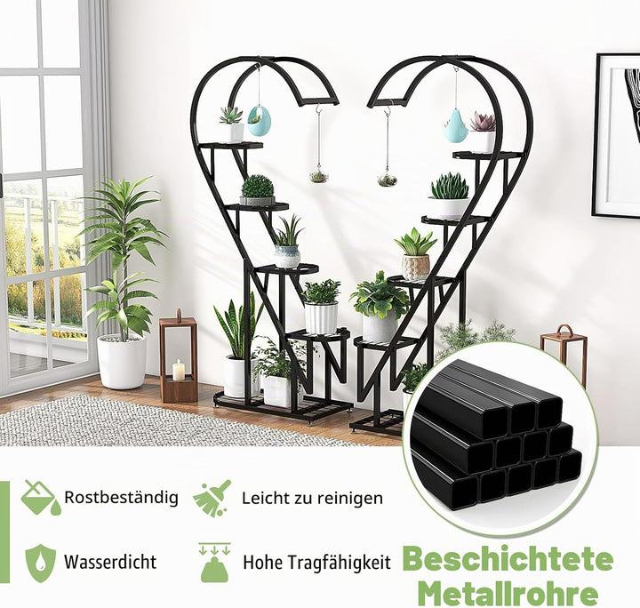 HOMASIS 5 Etagen Metall Pflanzenständer herzförmig, mehrstöckig Blumenständer mit Haken, Blumentopfs