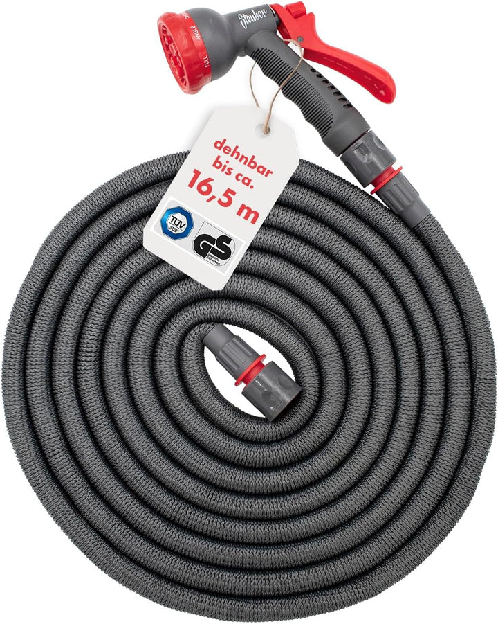 Steuber Flexibler Gartenschlauch Platinum GREY mit 8 Sprühkopf-Funktionen, 16,5m, TÜV Süd Siegel, m.