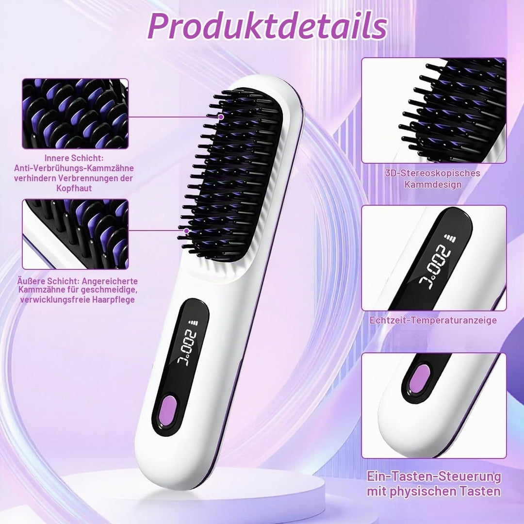 Stylingbürste für Kurze Haare, Kabellose Styling Bürste, Glättbürste Kabellos mit 3 Wärmestufen 160°