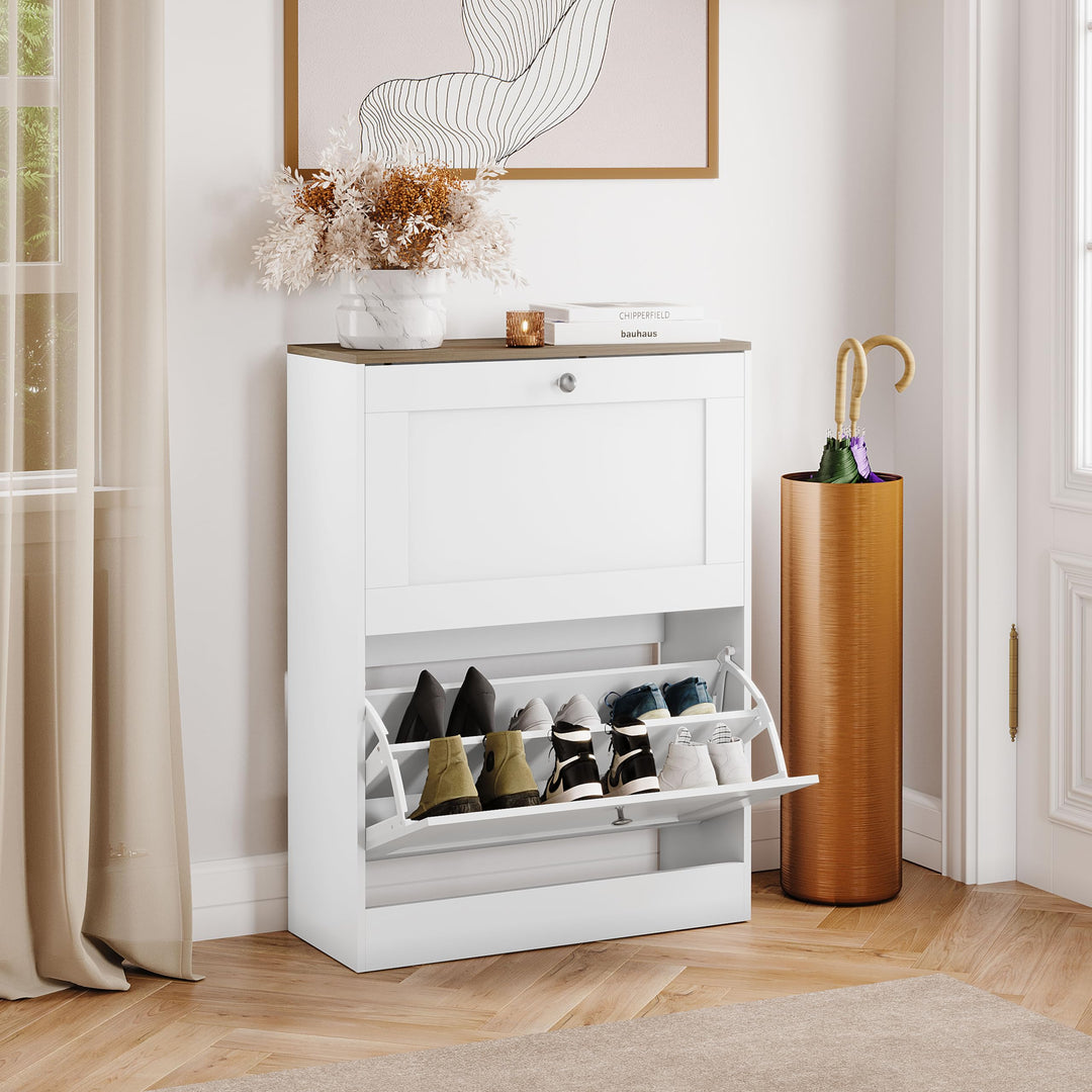 Vida Designs Schuhkipper mit 2 Klappen | 80 H x 58 B x 23.5 T cm | Weiss/Eiche | Platzsparender Schu