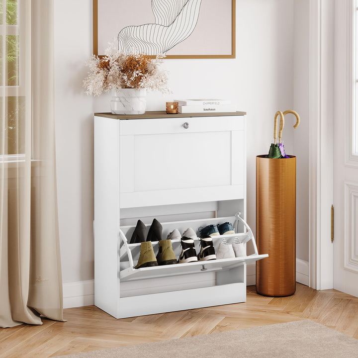 Vida Designs Schuhkipper mit 2 Klappen | 80 H x 58 B x 23.5 T cm | Weiss/Eiche | Platzsparender Schu
