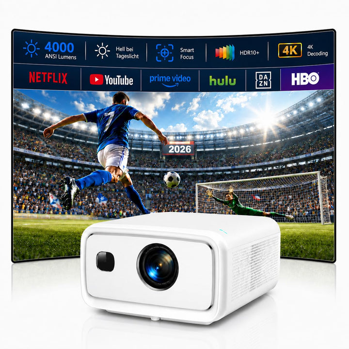 Premium Beamer 4000 ANSI Lumen, Projektor 4K Support Full HD 1080P, Android 15 Smart Beamer mit 3GB+