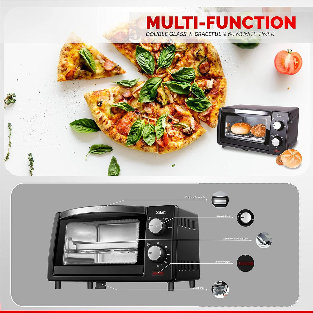 Zilan Elektro-Backofen, 9 l, Doppel-Sicherheitsglas, Timer, 2-teilig, Quarzwiderstand, Krümelplatte,
