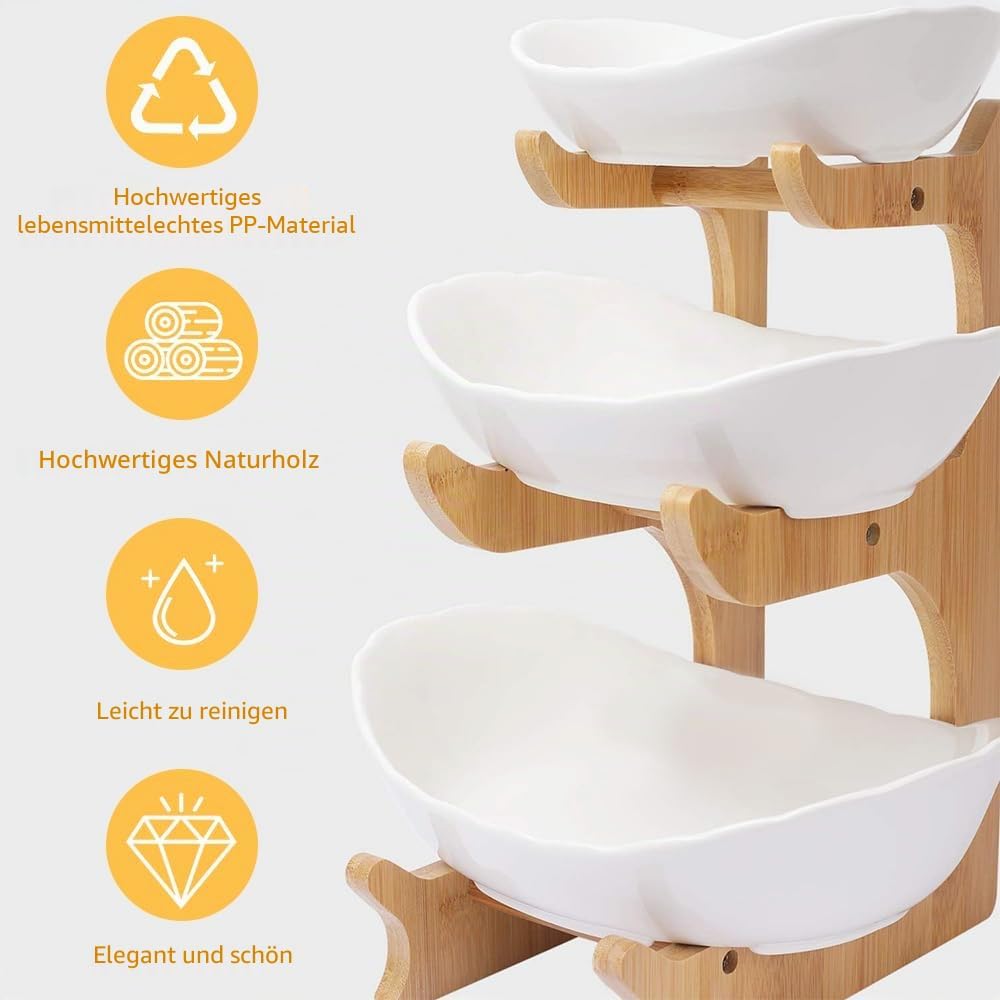 HUOLE Obstkorb, 3 Etagen, Obstkorb aus Keramik, mit Ständer aus robustem Holz, für Küchenarbeitsplat
