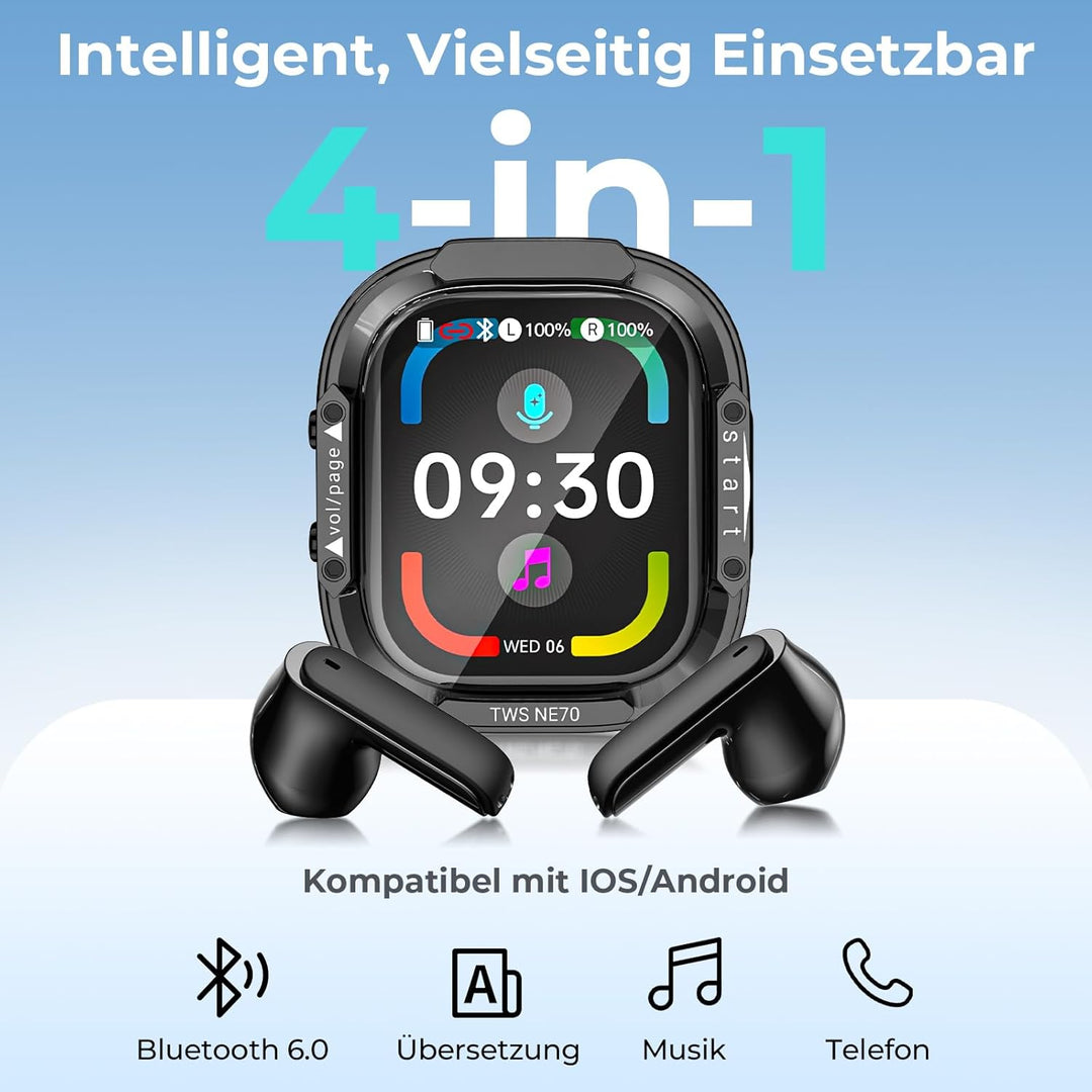 NE70 Übersetzungskopfhörer in Echtzeit 150 Sprachen mit APP, 60 Std, LCD | 9 Übersetzungsmodi, Bluet