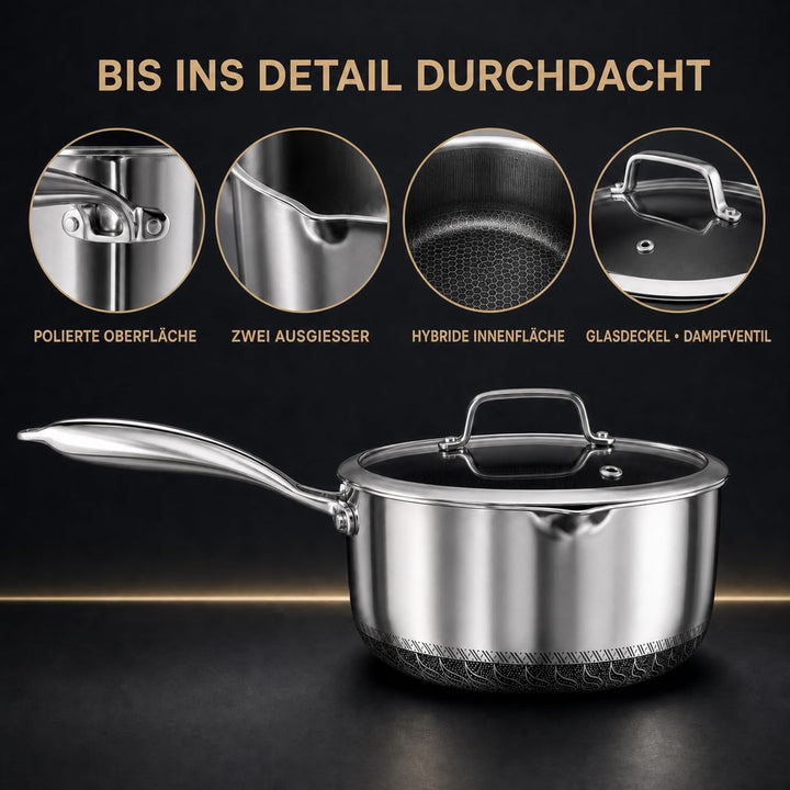 Stielkasserolle mit Deckel, 20 cm/2 l, antihaftbeschichtet, für Induktion, Gas, Elektroherde, Kochto