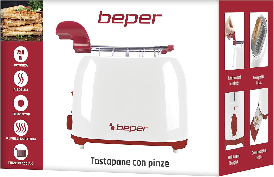 BEPER P101TOS100 Toaster mit Edelstahlzange, 7 Bräunungsstufen, Krümelschublade, 2 breite Schlitze