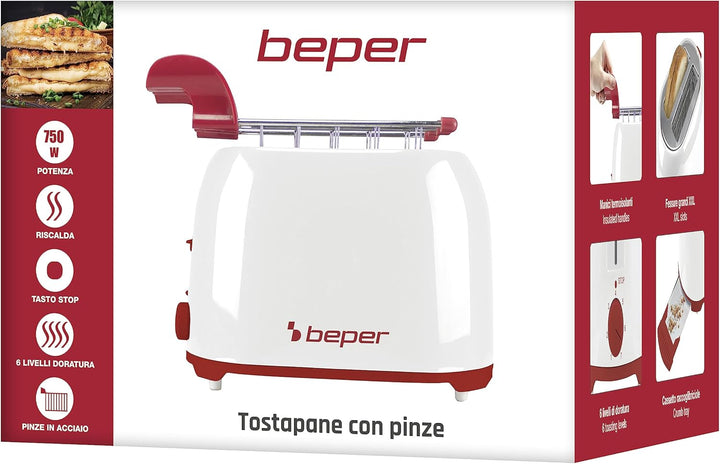 BEPER P101TOS100 Toaster mit Edelstahlzange, 7 Bräunungsstufen, Krümelschublade, 2 breite Schlitze