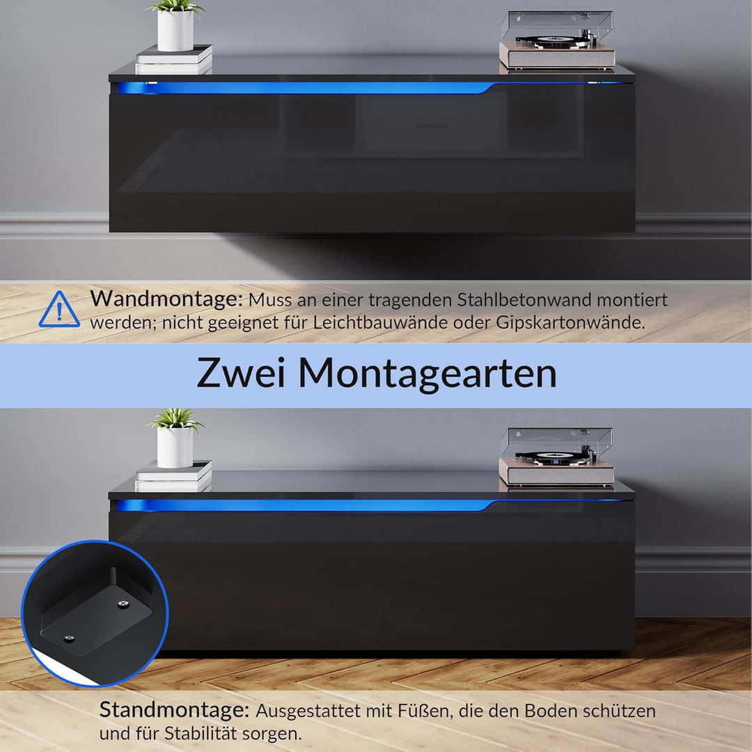 SONNI TV-Schrank, Lowboard Hochglanz Schwarz Hängend/Stehend, TV-Regal mit 16 Farben LED-Beleuchtung