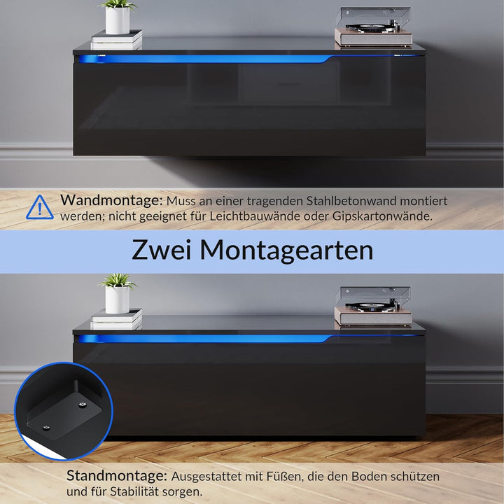SONNI TV-Schrank, Lowboard Hochglanz Schwarz Hängend/Stehend, TV-Regal mit 16 Farben LED-Beleuchtung