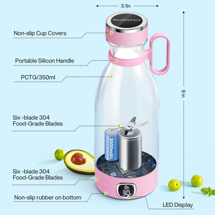 DoubleCare Tragbarer Mixer, 6-Klingen-Elektrischer Mini-Mixer mit Led-Anzeige, 350 ml Minimixer für