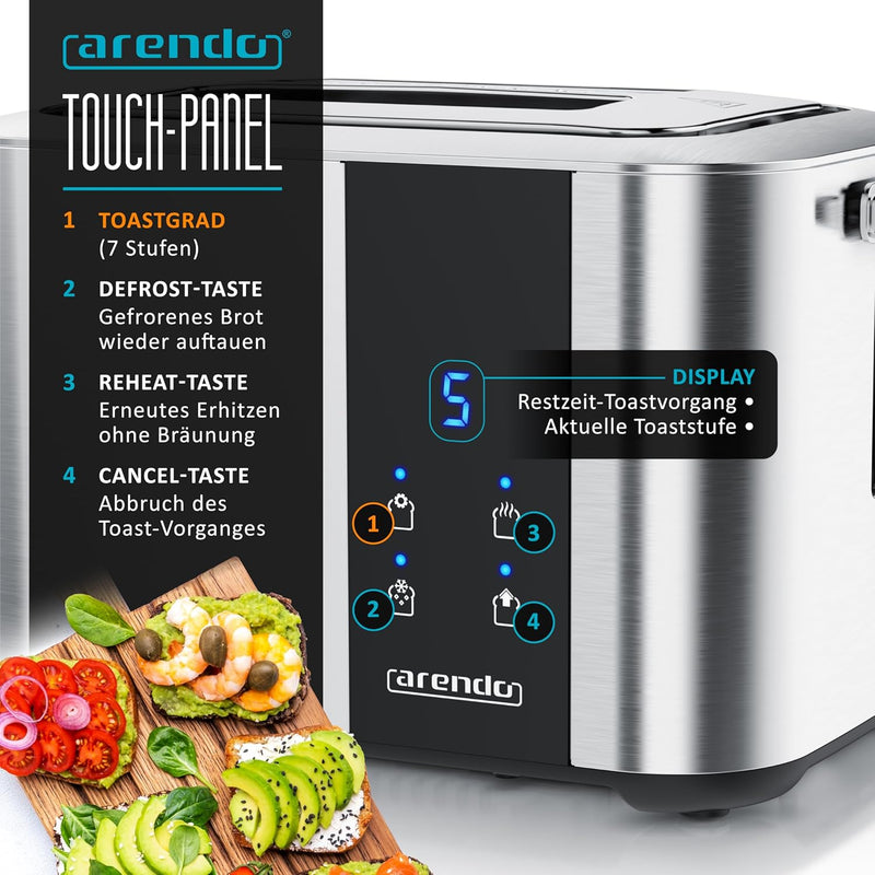 Arendo - Edelstahl Toaster Langschlitz 2 Scheiben- Touchscreen – Doppelwandgehäuse – Integrierter Br