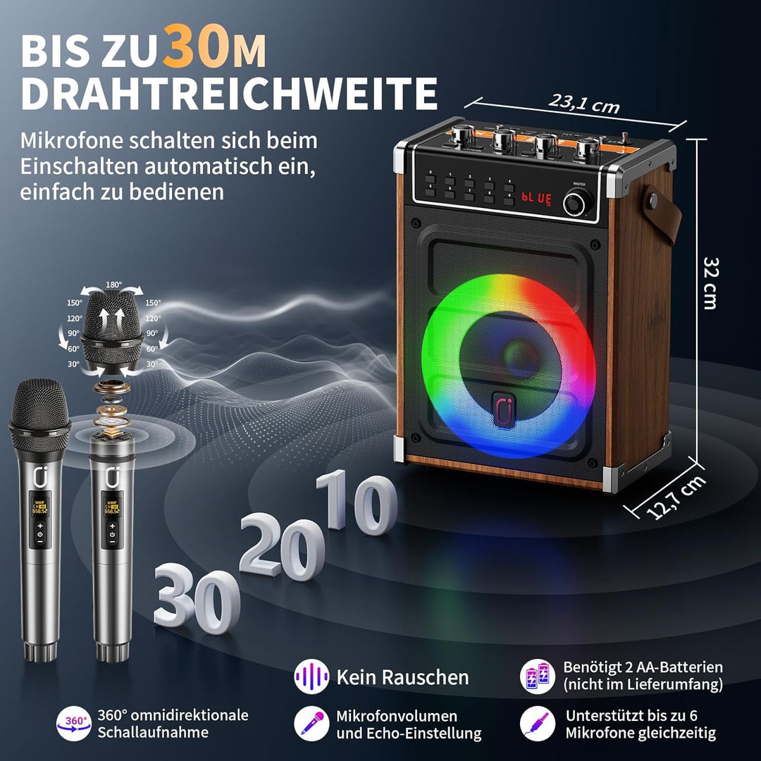 JYX Karaoke Maschine mit 2 UHF-Funkmikrofonen, Bluetooth-Lautsprecher mit Bass-/Höhen-Einstellung un