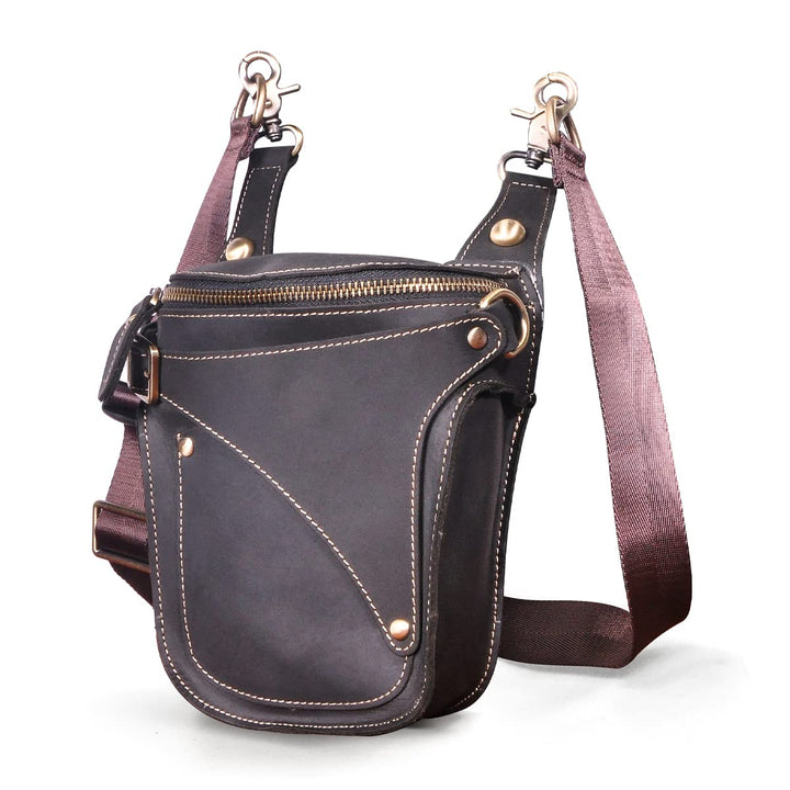 Le'aokuu Herren Leder Motorrad Hüfttasche Messenger Schulter Drop Leg Bag 9326 Dunkelschwarz, 9326 D