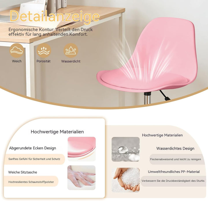Kleiner Schreibtischstuhl ohne Armlehnen, höhenverstellbarer Home-Office-Stuhl für Jugendliche Pink-