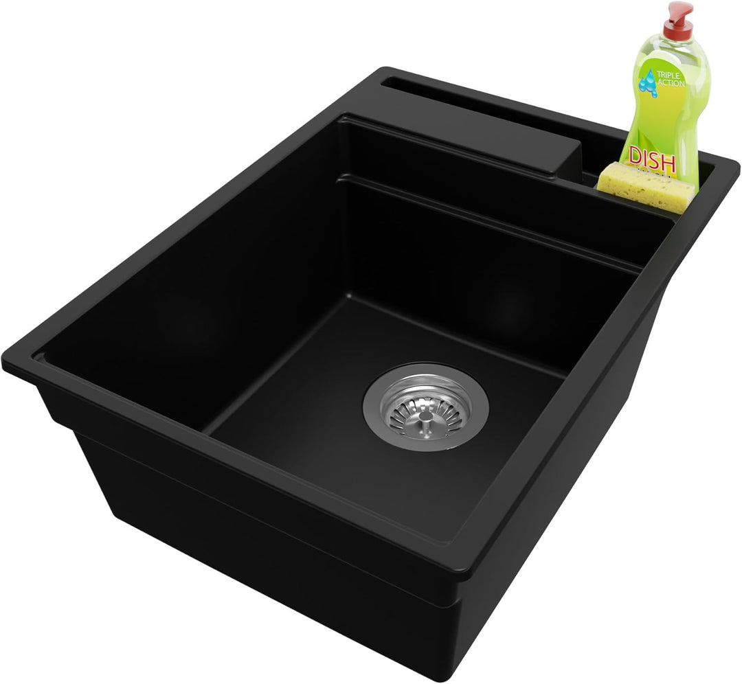 PRIMAGRAN Spülbecken Schwarz 38x53cm, Granitspüle 1 Becken + Ablauf-Set, Küchenspüle ab 40er Untersc