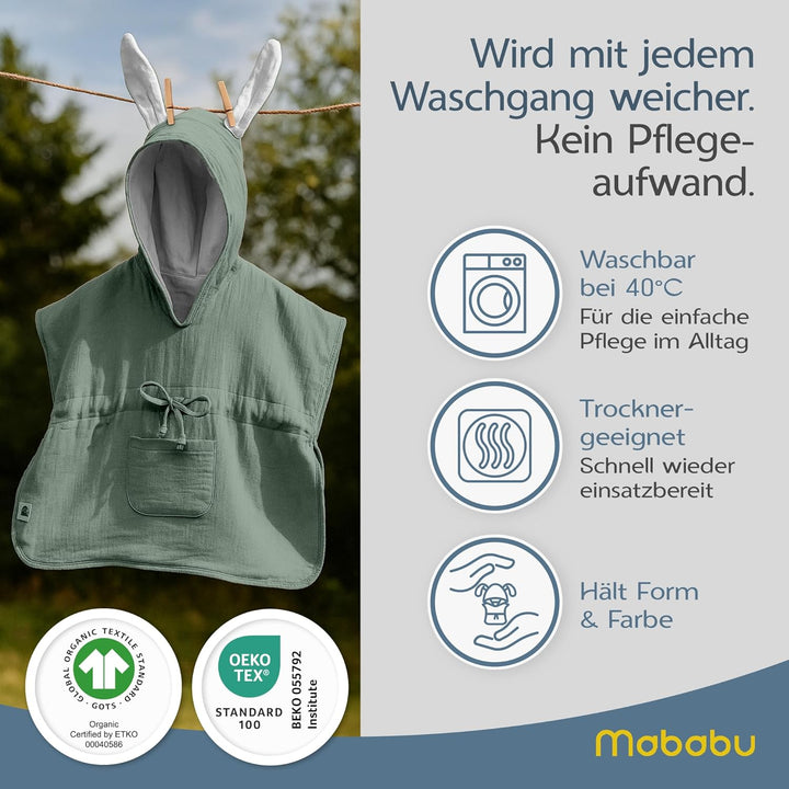Mababu Bademantel Kinder mit Kapuze | Baby Bademantel | 100% GOTS I Kinderbademantel Mädchen & Junge