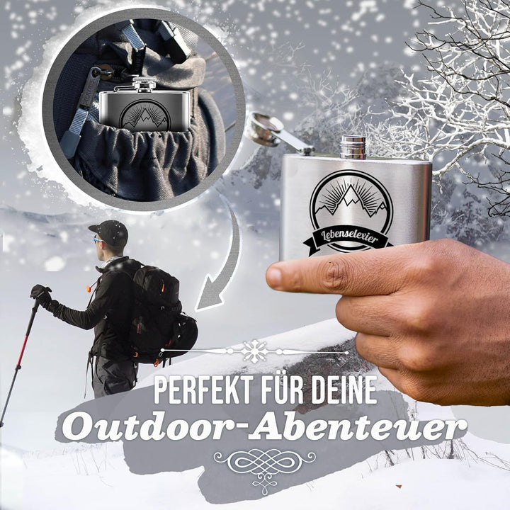 Flachmann mit Gravur aus Edelstahl selbst gestalten - Lebenselexier - mit Name gravieren - Geschenk