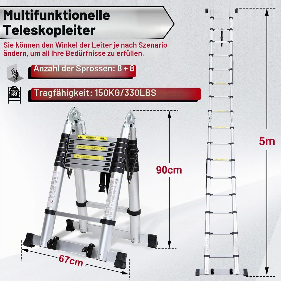 Randaco 5M (2.5+2.5) Teleskopleiter Klappleiter Aluminium, Ausziehbare Leiter, Rutschfester Aluleite