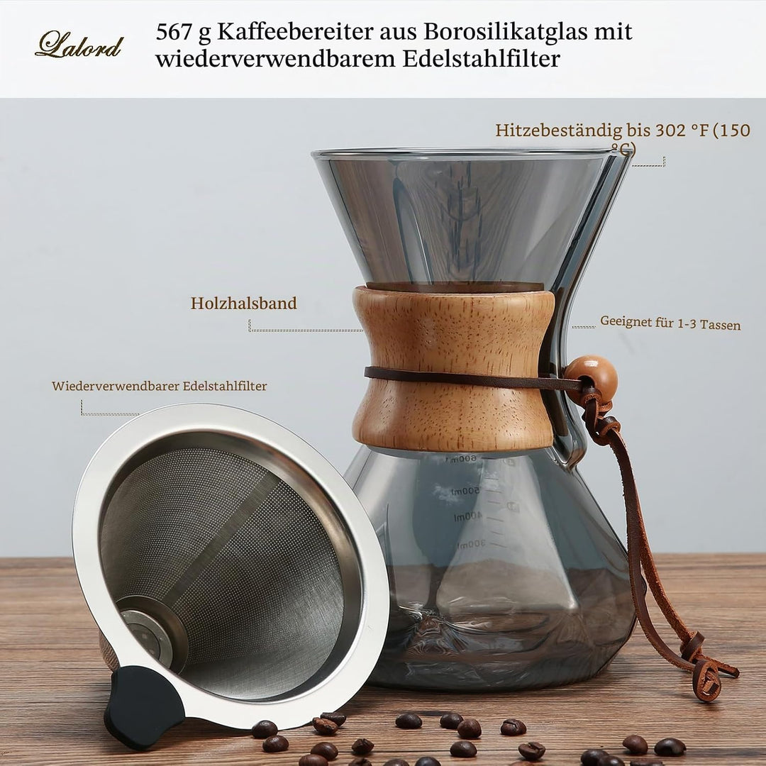 Lalord Pour Over Kaffeebereiter mit Edelstahlfilter, 600 ml Borosilikatglas Kaffeekaraffe, Holzkrage