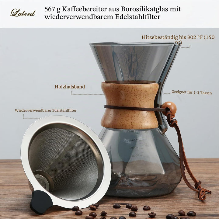 Lalord Pour Over Kaffeebereiter mit Edelstahlfilter, 600 ml Borosilikatglas Kaffeekaraffe, Holzkrage