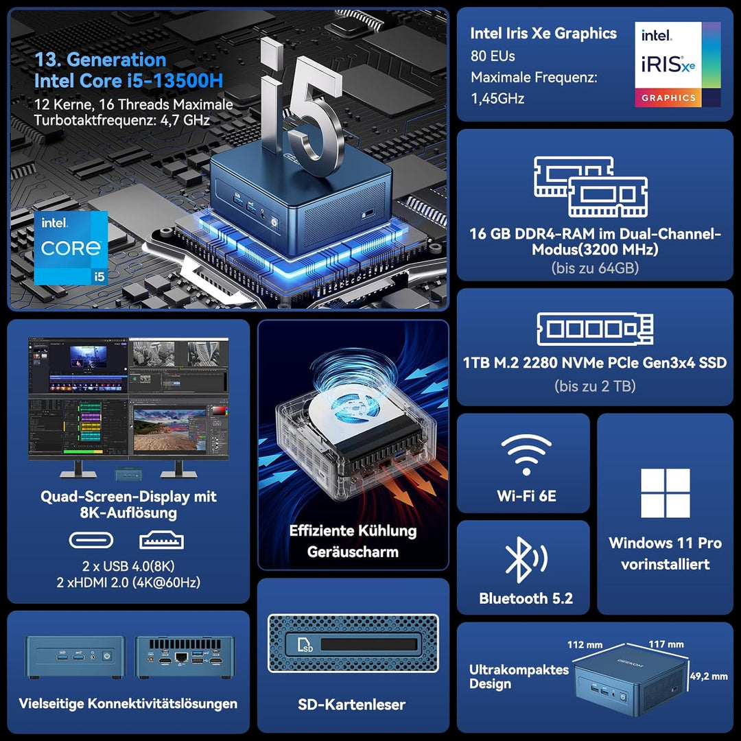 GEEKOM NUC Mini PC Mini IT13, 13. Gen Intel i7-13620H (10 Kerne, 16 Threads, bis zu 4,9 GHz) Mini Co