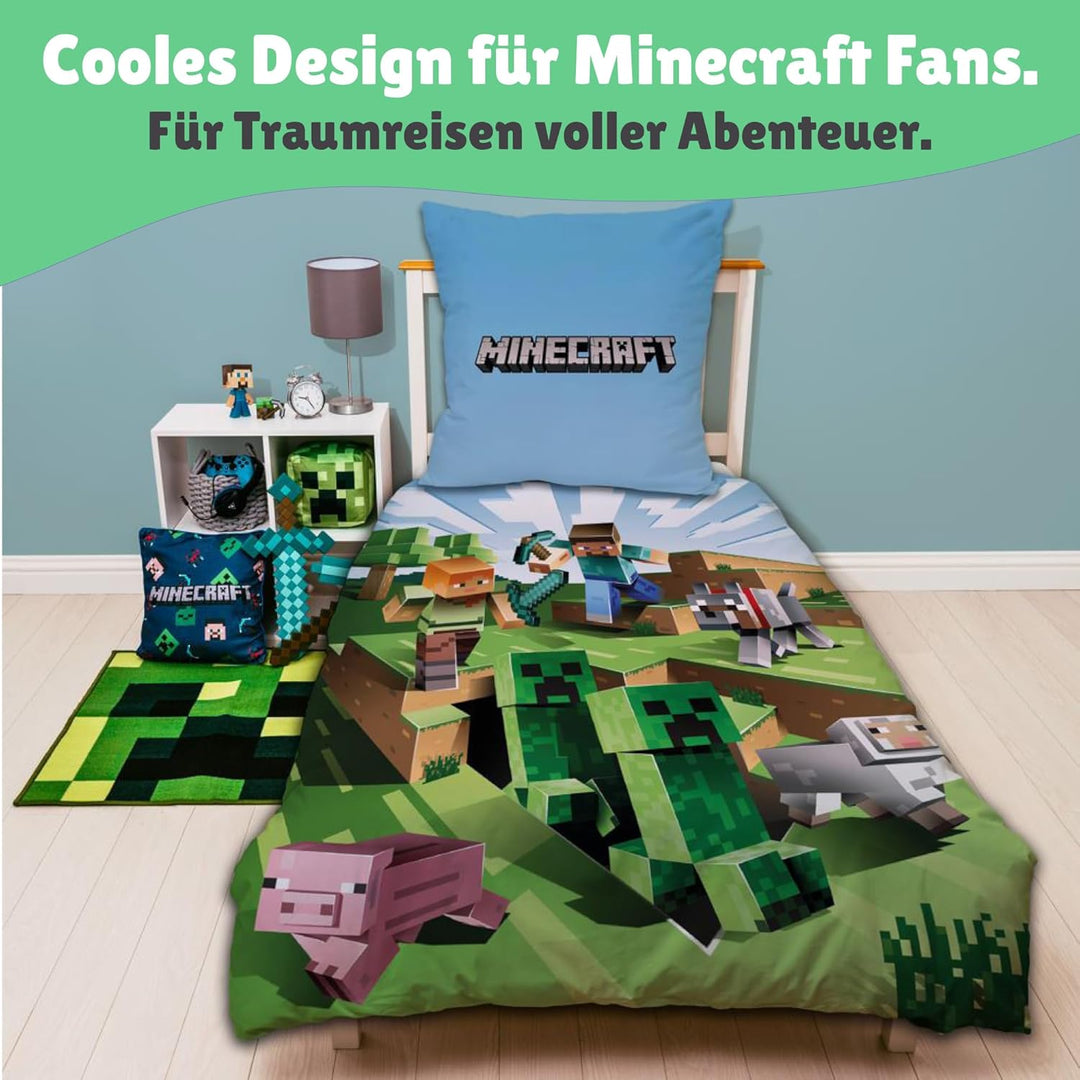 Character World Wende Bettwäsche-Set Minecraft, 135x200cm + 80x80cm, 100% Baumwolle, grün Motiv Craf