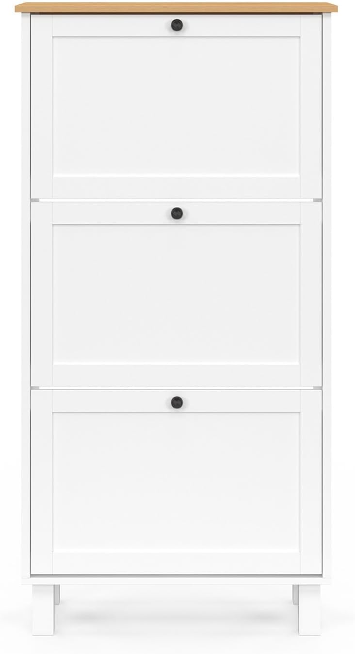 IDMarket - Schuhmöbel 18 Paar ACHILLE 3 Türen weiss und Holzplatte